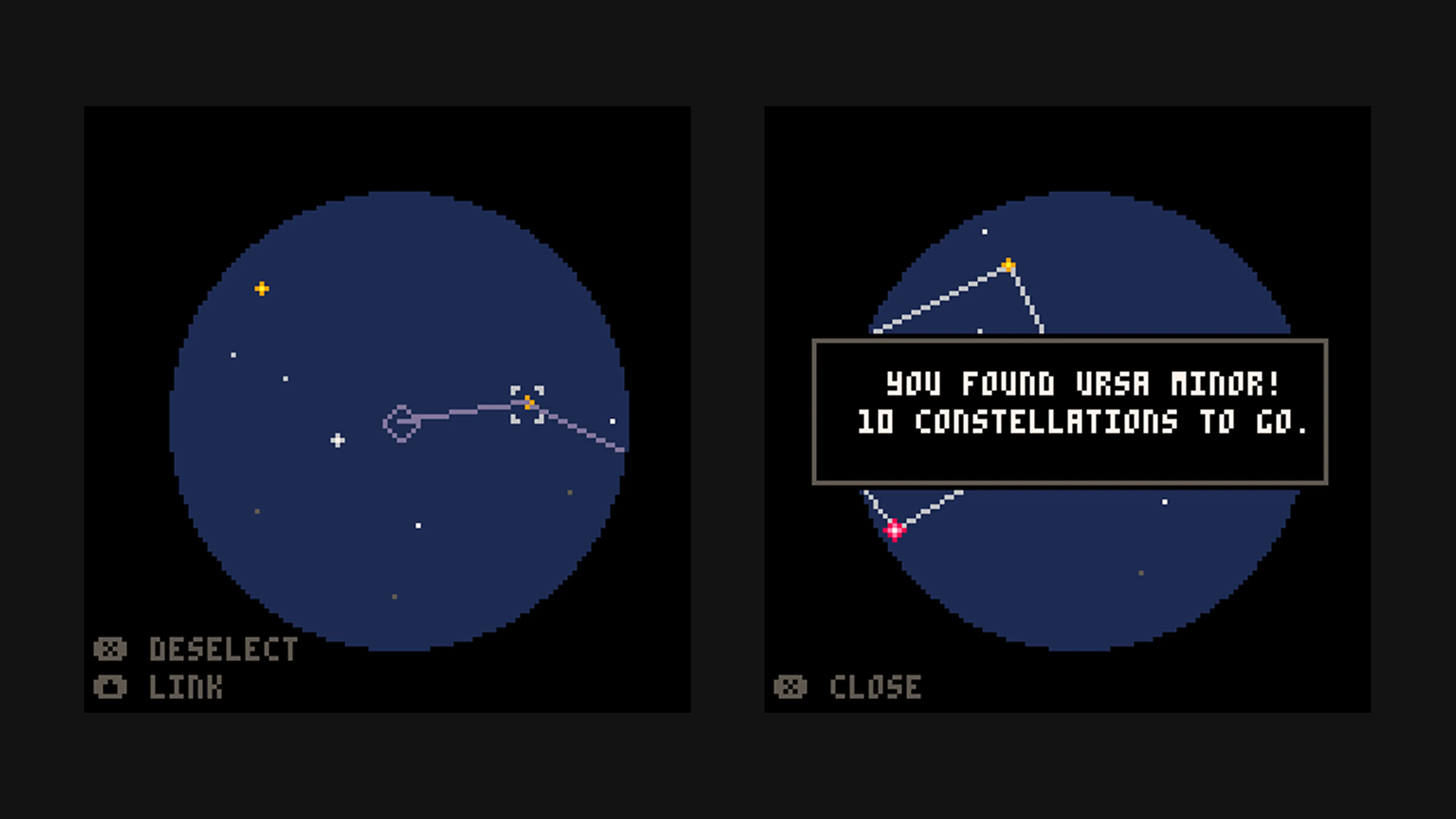 Connecting stars correctly marks the constellation collected. There are 11 constellations total.