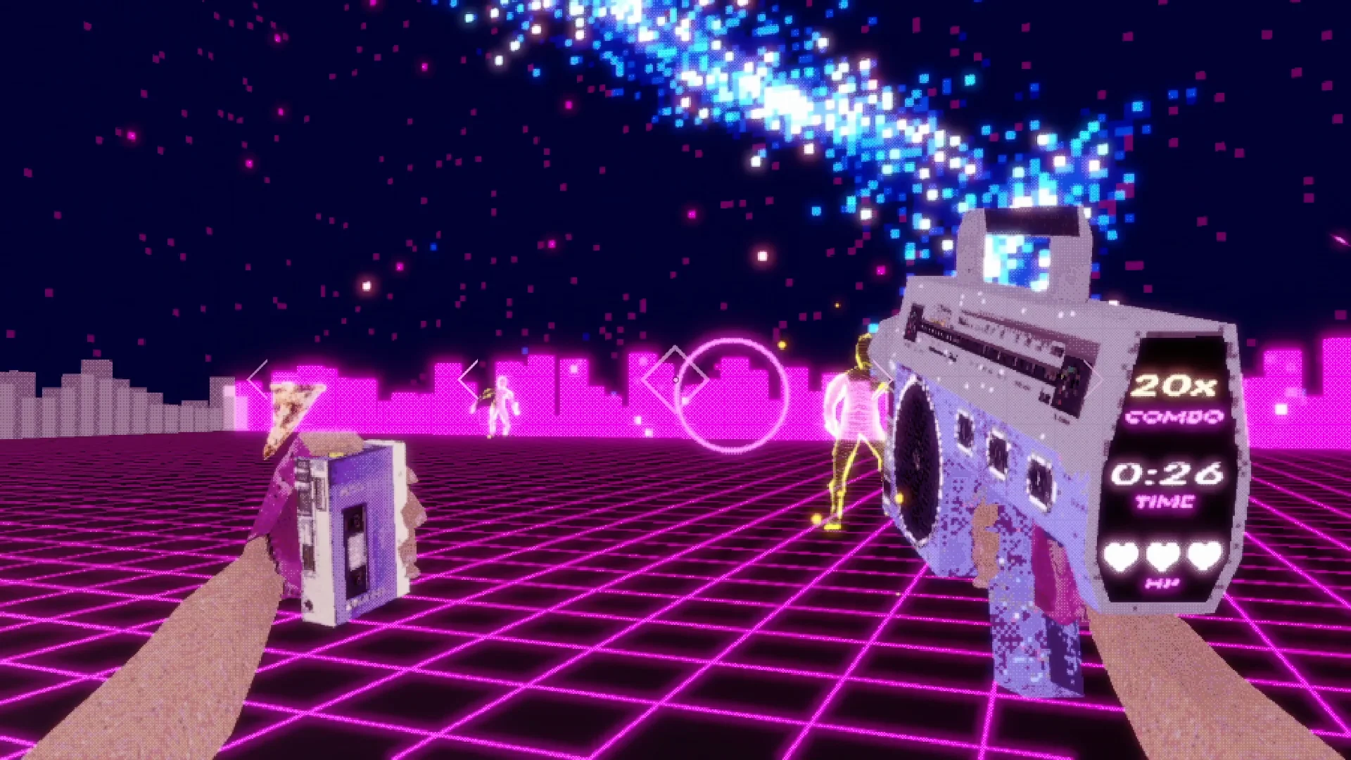 Screenshot of RESOKILL showing the player's sound blaster gun facing oncoming enemies in a low-poly PS1-style environment.