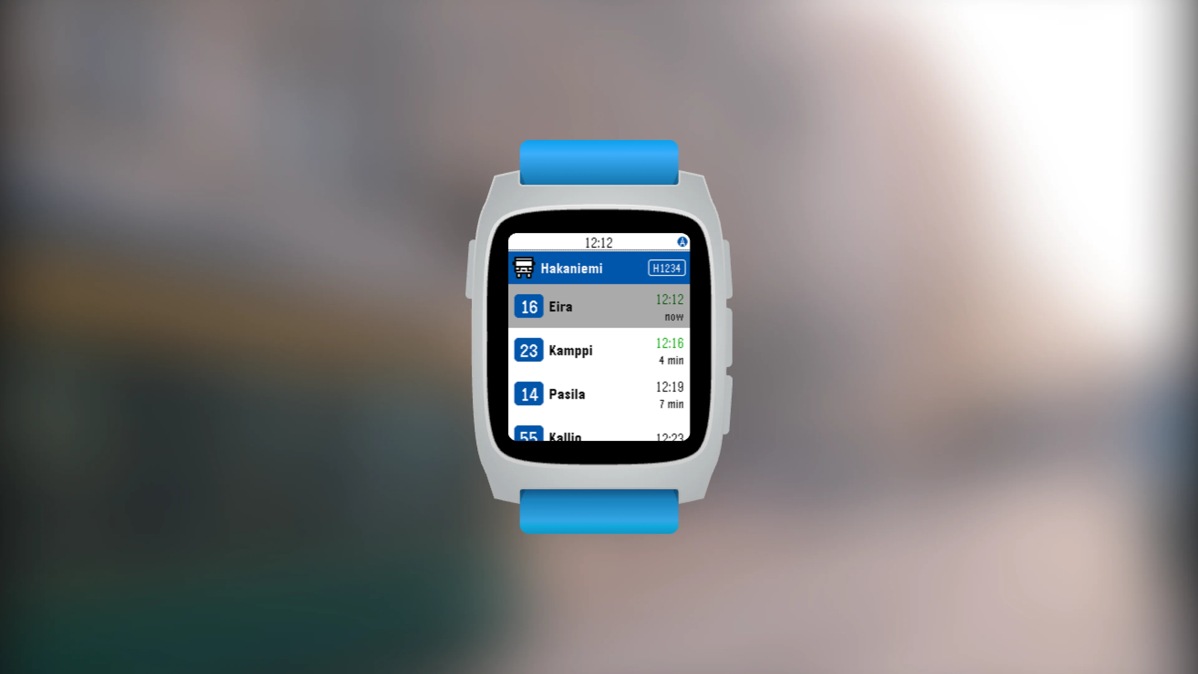 Screenshot of a Pebble smartwatch running an application called Vuoro, showing a list of departing lines from Hakaniemi, Helsinki bus station.
